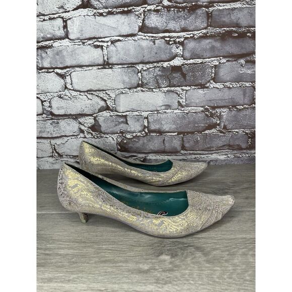 Irregular Choice Silver Suede Gold Shimmer Bridal Print Pointed Heels Women 39EU - Picture 5 of 16